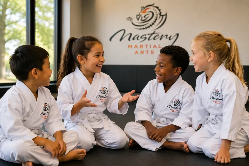 Four diverse children in white Mastery Martial Arts uniforms laughing and talking together after class while building confidence and friendships. Four diverse children in white Mastery Martial Arts uniforms laughing and talking together after class while building confidence and friendships.