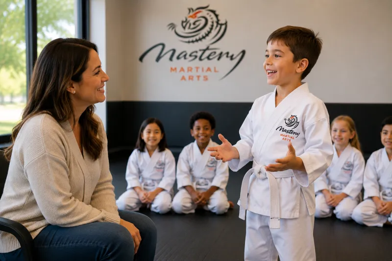 Mother proudly watching her son confidently speak in front of classmates during a Mastery Martial Arts class while building confidence and finding his voice. Mother proudly watching her son confidently speak in front of classmates during a Mastery Martial Arts class while building confidence and finding his voice.