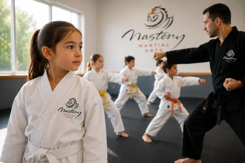 Young girl in a white Mastery Martial Arts uniform listening carefully to her instructor during class. Young girl in a white Mastery Martial Arts uniform listening carefully to her instructor during class.