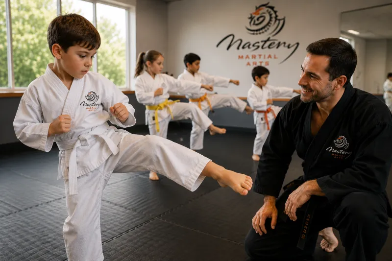 Young boy practicing the same martial arts kick repeatedly while learning through persistence. Young boy practicing the same martial arts kick repeatedly while learning through persistence.