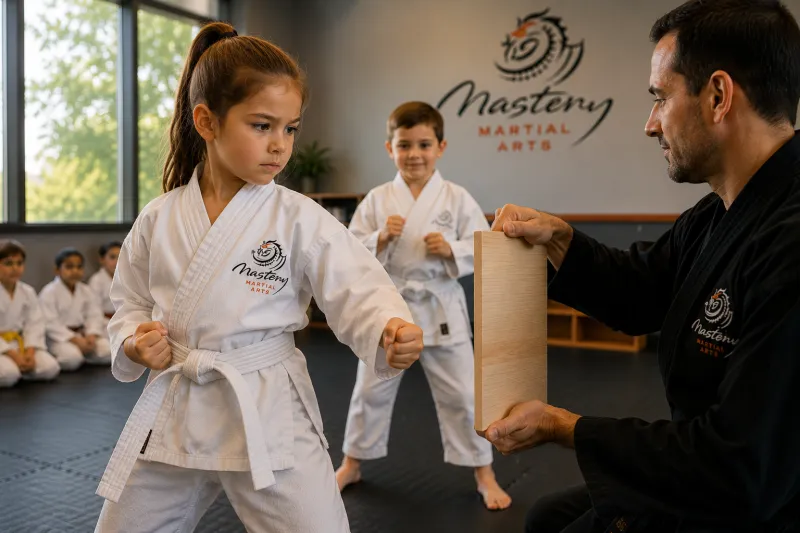 Young girl preparing to break her first practice board during martial arts class. Young girl preparing to break her first practice board during martial arts class.