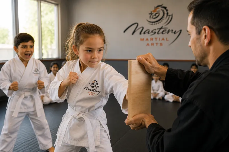 Instructor smiling while encouraging a child after missing a target during martial arts practice. Instructor smiling while encouraging a child after missing a target during martial arts practice.