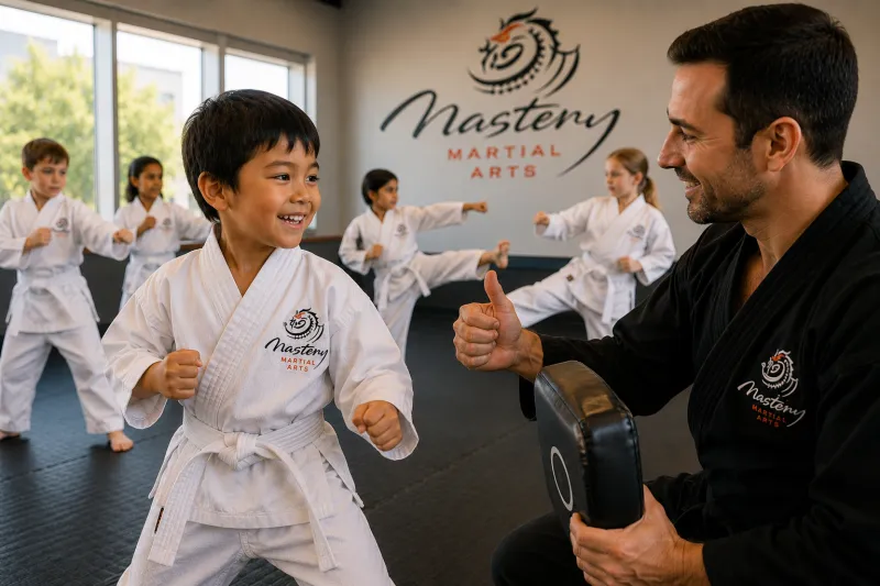 Group of diverse children wearing white belts standing together before beginning martial arts class. Group of diverse children wearing white belts standing together before beginning martial arts class.