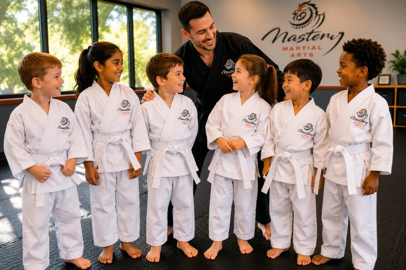 Mother proudly watching her child confidently participate in martial arts class. Mother proudly watching her child confidently participate in martial arts class.