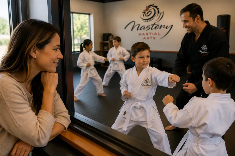 Young martial arts student smiling proudly after earning a new stripe during class. Young martial arts student smiling proudly after earning a new stripe during class.