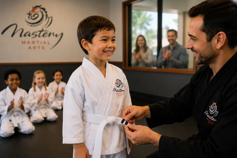 xxDiverse group of children in white Mastery Martial Arts uniforms smiling confidently with their instructor. xxDiverse group of children in white Mastery Martial Arts uniforms smiling confidently with their instructor.