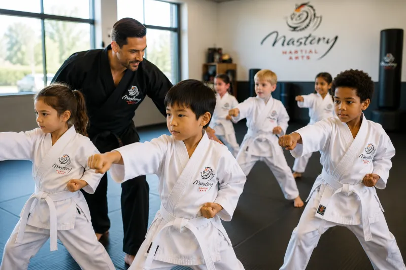 Children practicing martial arts together while an instructor encourages effort and perseverance.