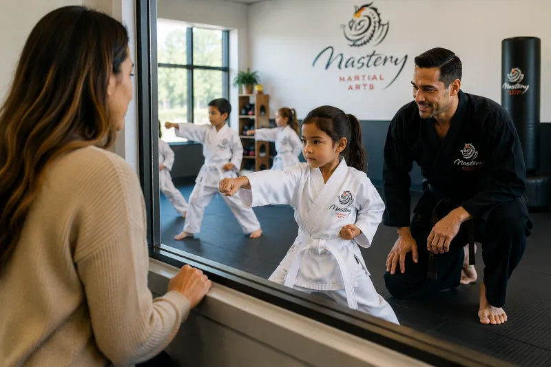Parent proudly watching their child work through a martial arts challenge independently.