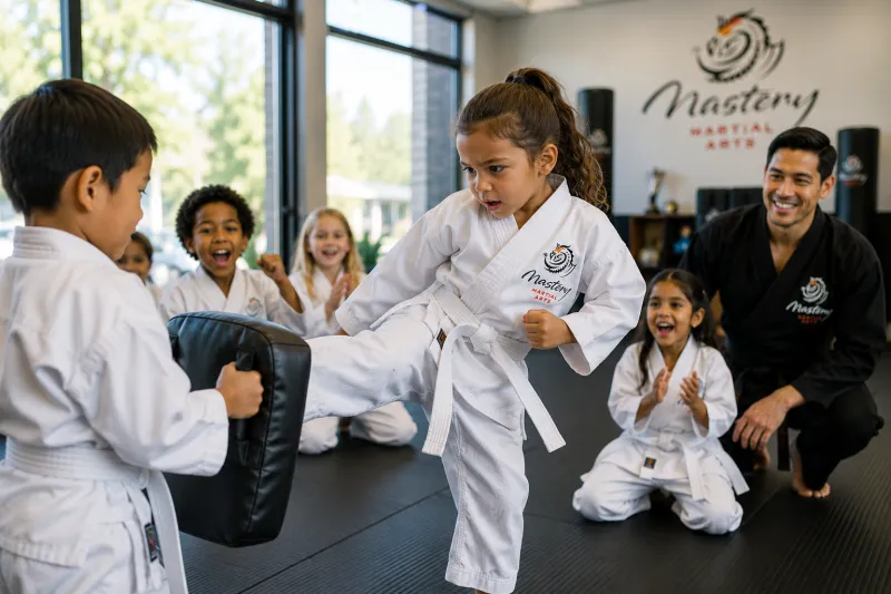 Young martial arts student practicing a kick while classmates cheer and encourage.