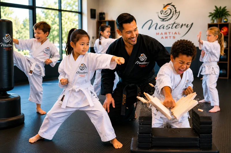 Children practicing punches, kicks, and board breaking during martial arts class.