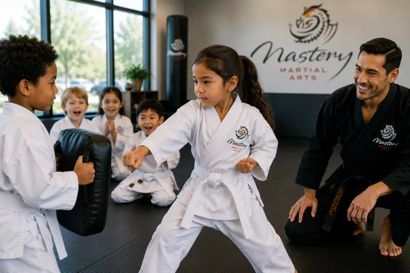 Children practicing martial arts skills while building confidence through consistent effort.
