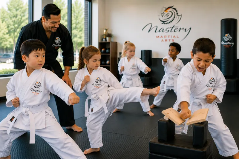 Children practicing martial arts together while developing resilience, focus, and perseverance.