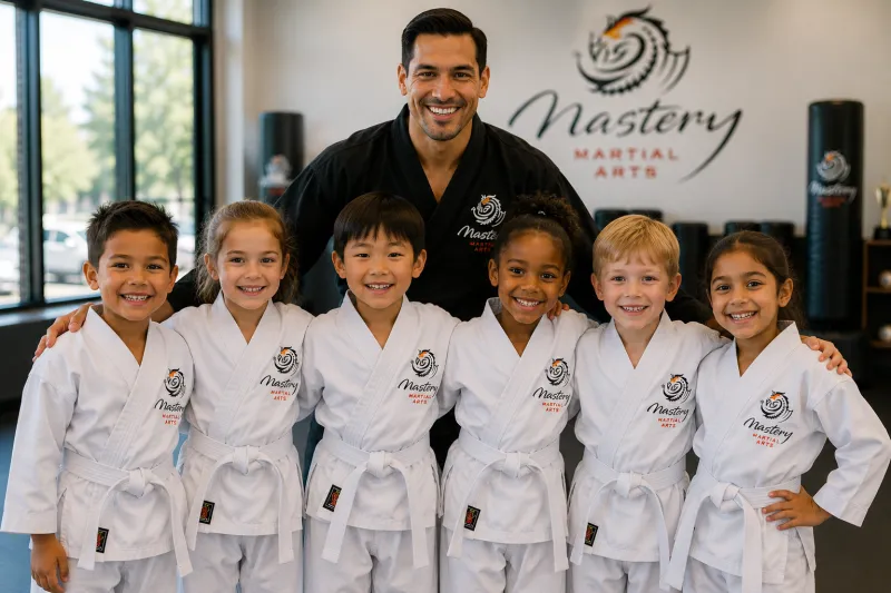 Diverse group of smiling children in white Mastery Martial Arts uniforms standing proudly with their instructor.