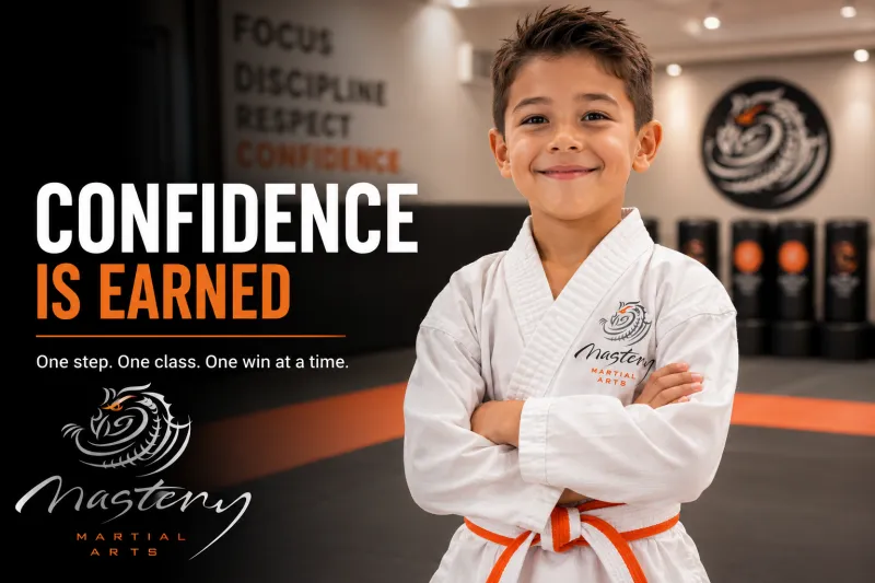 Young martial arts student standing tall with confidence after earning a new belt. Young martial arts student standing tall with confidence after earning a new belt.