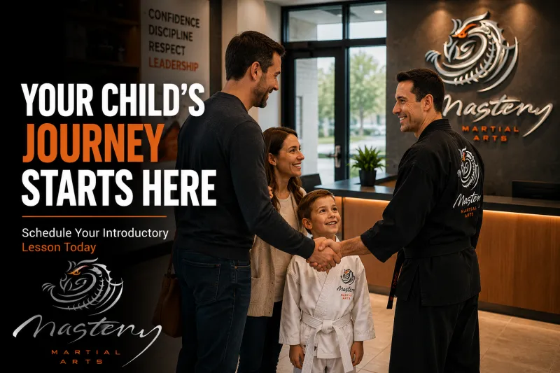 Instructor welcoming a family to Mastery Martial Arts for their first introductory lesson. Instructor welcoming a family to Mastery Martial Arts for their first introductory lesson.
