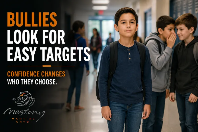 Confident child making eye contact and standing tall while walking through school.  Caption