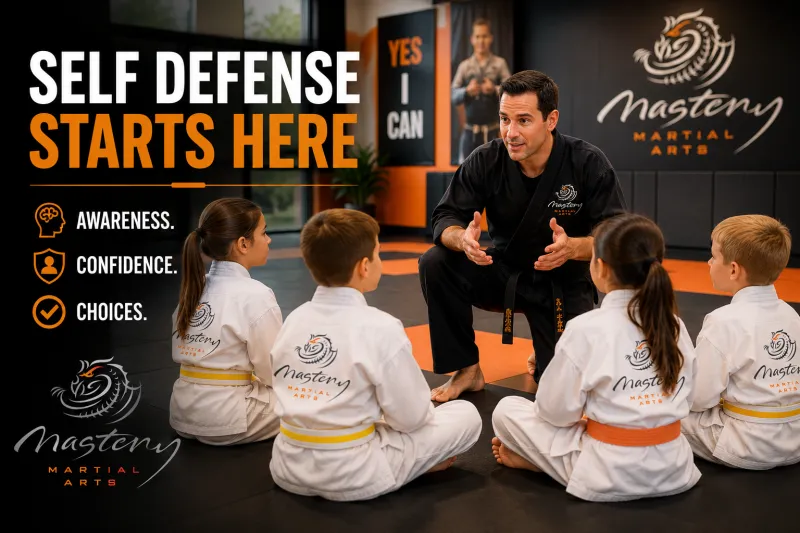 Martial arts instructor teaching children awareness and confidence before physical self-defense.