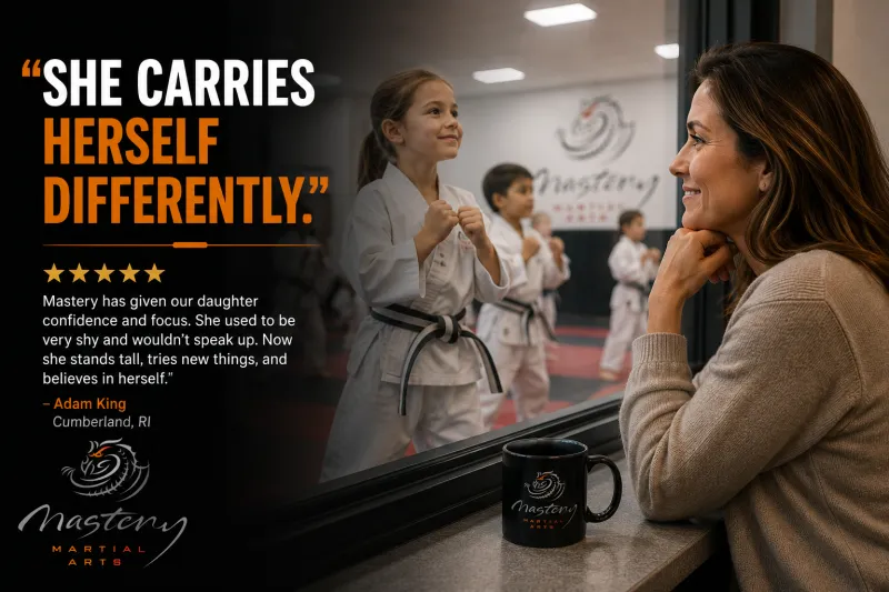 Parent proudly watching daughter train confidently during martial arts class.