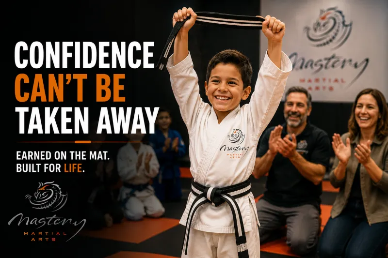 Young martial arts student proudly earning a new belt and smiling confidently.