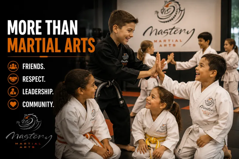 Children laughing together after martial arts class while showing confidence and friendship.