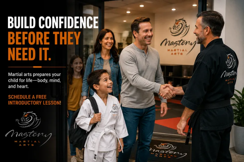 Instructor welcoming a new family to Mastery Martial Arts for their first introductory lesson.