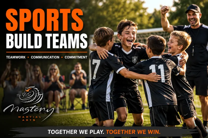 Children celebrating together after scoring during a youth soccer game.