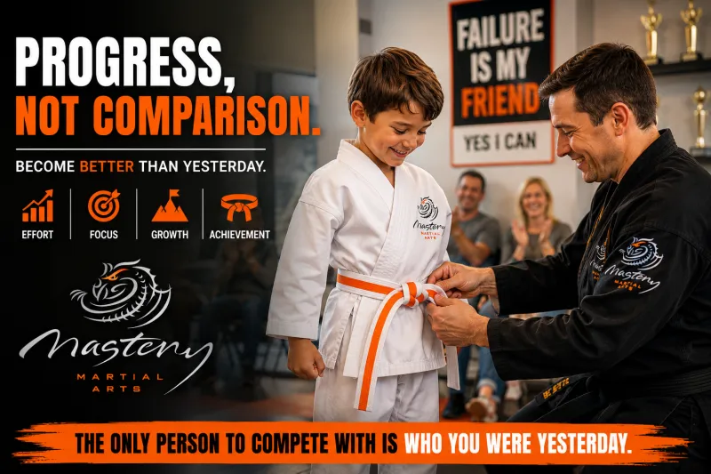 Young martial arts student receiving a new belt after achieving a personal goal.