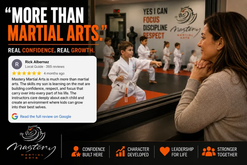 Parent proudly watching their child grow in confidence during martial arts class.