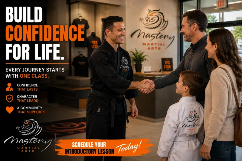 Instructor welcoming a new family to their first martial arts lesson.
