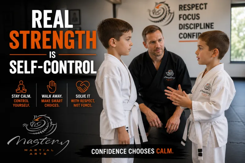 Young martial arts student remaining calm while another child speaks to them. Young martial arts student remaining calm while another child speaks to them.