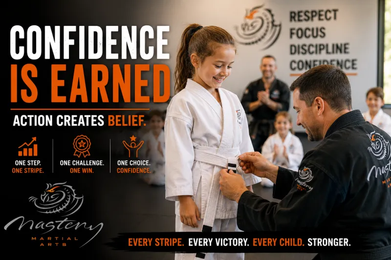 Young martial arts student proudly earning a stripe during class. Young martial arts student proudly earning a stripe during class.