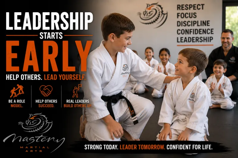 Older martial arts student helping a younger student during class. Older martial arts student helping a younger student during class.