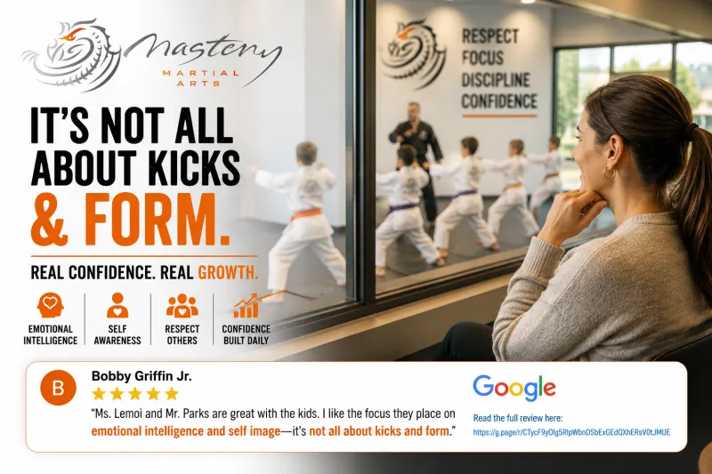 Parent watching martial arts class while children confidently practice life skills. Parent watching martial arts class while children confidently practice life skills.