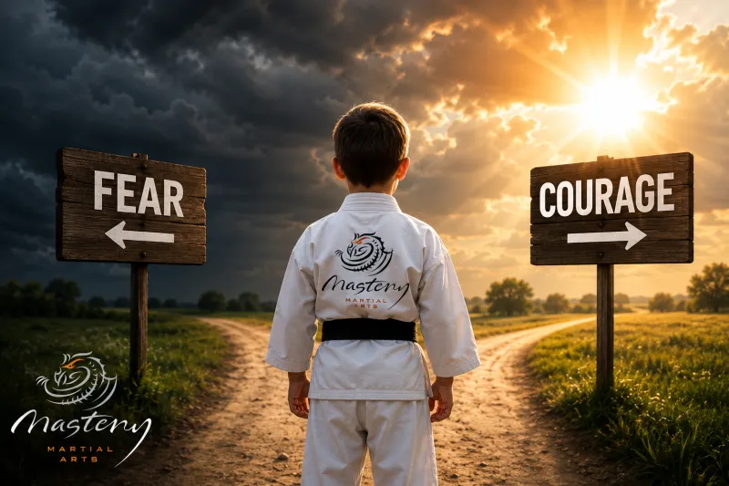 Child in a Mastery Martial Arts uniform standing between signs labeled Fear and Courage, representing the moment confidence begins through choosing courage over comfort. Child in a Mastery Martial Arts uniform standing between signs labeled Fear and Courage, representing the moment confidence begins through choosing courage over comfort.
