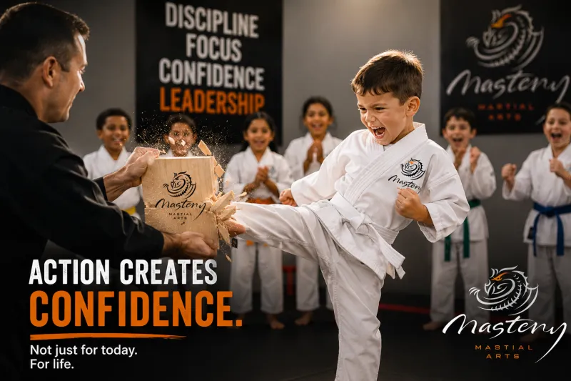Child breaking a board during martial arts training while building confidence through action and perseverance. Child breaking a board during martial arts training while building confidence through action and perseverance.