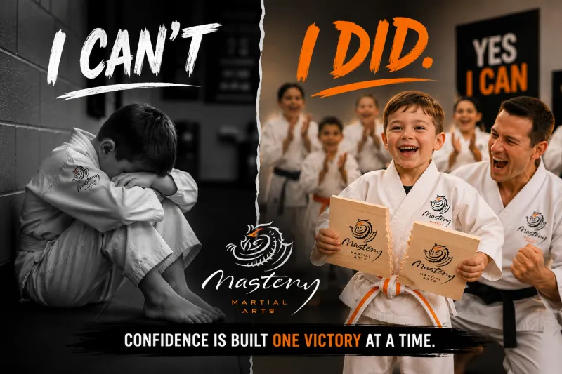 Before-and-after transformation showing a child replacing self-doubt with confidence after overcoming challenges. Before-and-after transformation showing a child replacing self-doubt with confidence after overcoming challenges.