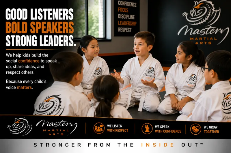 children in martial arts class listening and participating with confidence at Mastery Martial Arts children in martial arts class listening and participating with confidence at Mastery Martial Arts
