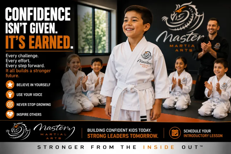 confident child smiling after martial arts achievement at Mastery Martial Arts confident child smiling after martial arts achievement at Mastery Martial Arts