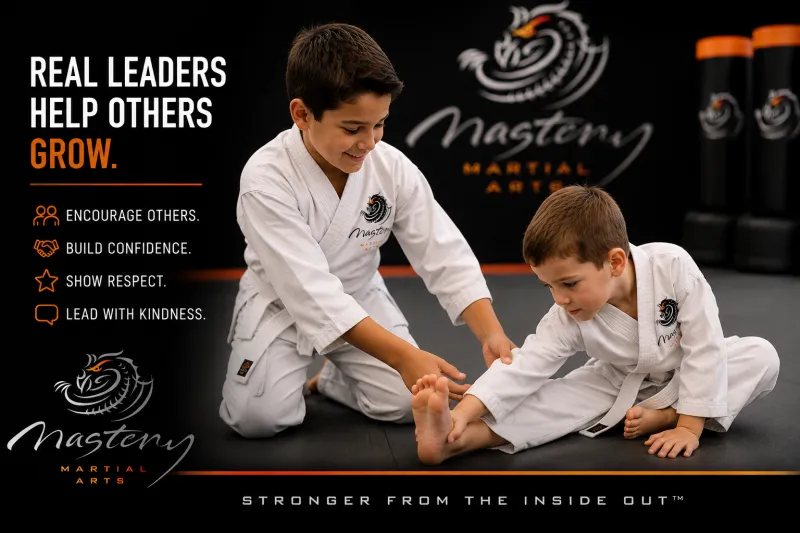 Mastery Martial Arts student leading warm-ups while classmates follow respectfully. Mastery Martial Arts student leading warm-ups while classmates follow respectfully.