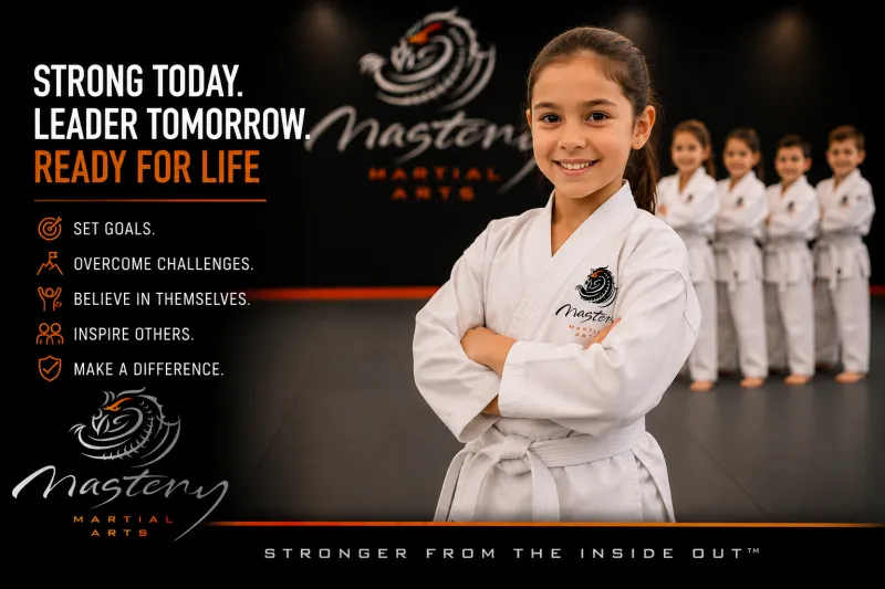 Confident child walking onto the Mastery Martial Arts mat while parents watch proudly. Confident child walking onto the Mastery Martial Arts mat while parents watch proudly.