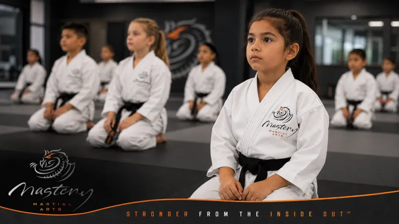 Mastery Martial Arts instructor calmly guiding a child through focus and self-control instead of punishment. Mastery Martial Arts instructor calmly guiding a child through focus and self-control instead of punishment.