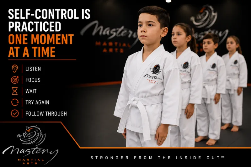 Children standing focused in martial arts class while practicing self-control, listening, and discipline. Children standing focused in martial arts class while practicing self-control, listening, and discipline.