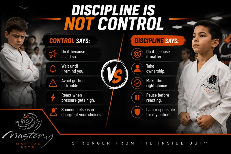Branded Mastery Martial Arts comparison graphic showing the difference between discipline and control for children. Branded Mastery Martial Arts comparison graphic showing the difference between discipline and control for children.