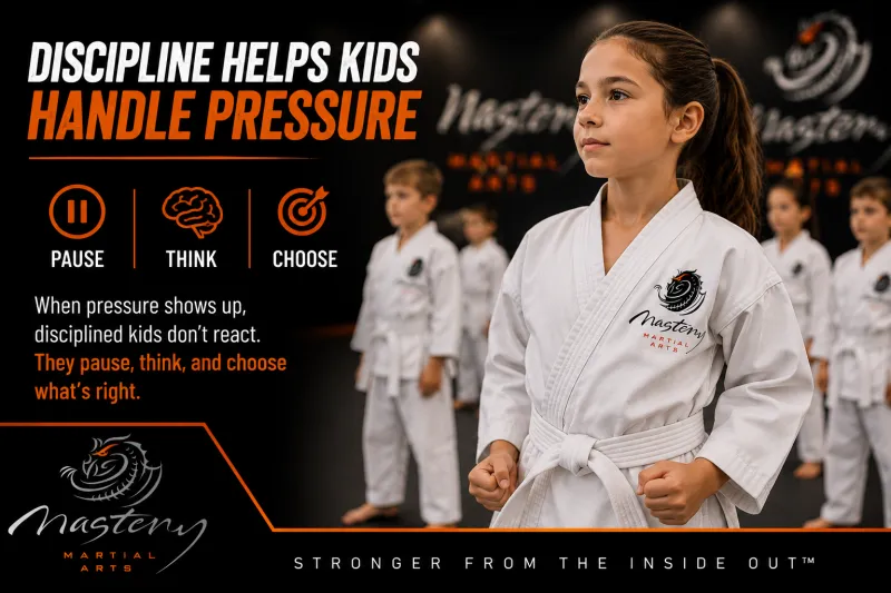 Confident child in a Mastery Martial Arts uniform standing tall while learning focus and discipline under pressure. Confident child in a Mastery Martial Arts uniform standing tall while learning focus and discipline under pressure.