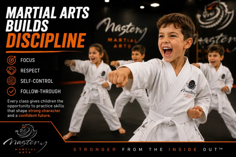 Smiling child in a Mastery Martial Arts uniform standing confidently with classmates and instructors. Smiling child in a Mastery Martial Arts uniform standing confidently with classmates and instructors.