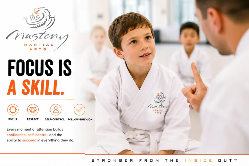 Smiling martial arts student listening carefully to an instructor while developing attention and focus skills. Smiling martial arts student listening carefully to an instructor while developing attention and focus skills.