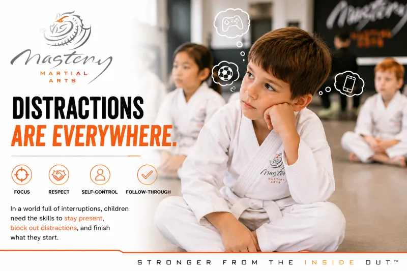 Young child learning to stay focused during a Mastery Martial Arts class despite everyday distractions. Young child learning to stay focused during a Mastery Martial Arts class despite everyday distractions.