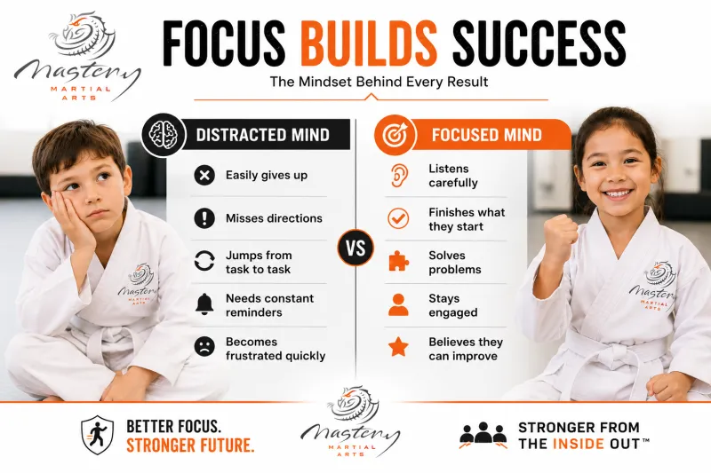 Mastery Martial Arts comparison graphic showing the difference between focused behavior and distracted behavior in children. Mastery Martial Arts comparison graphic showing the difference between focused behavior and distracted behavior in children.