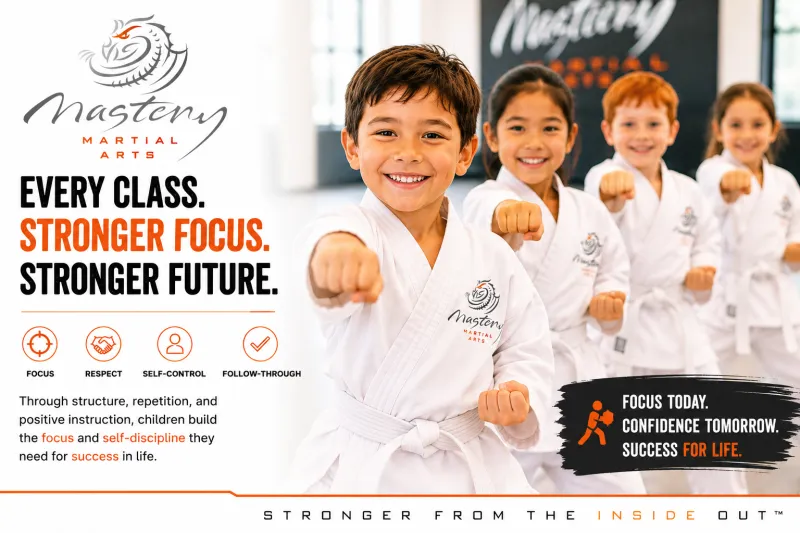 Children smiling while practicing martial arts drills that improve focus, listening, and self-control. Children smiling while practicing martial arts drills that improve focus, listening, and self-control.