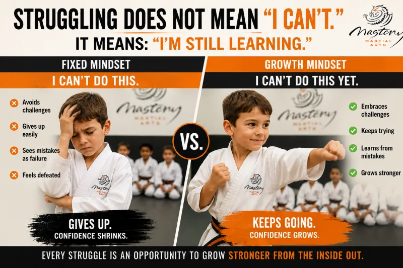 A child learning that struggling with a difficult skill is part of growth rather than proof of failure.